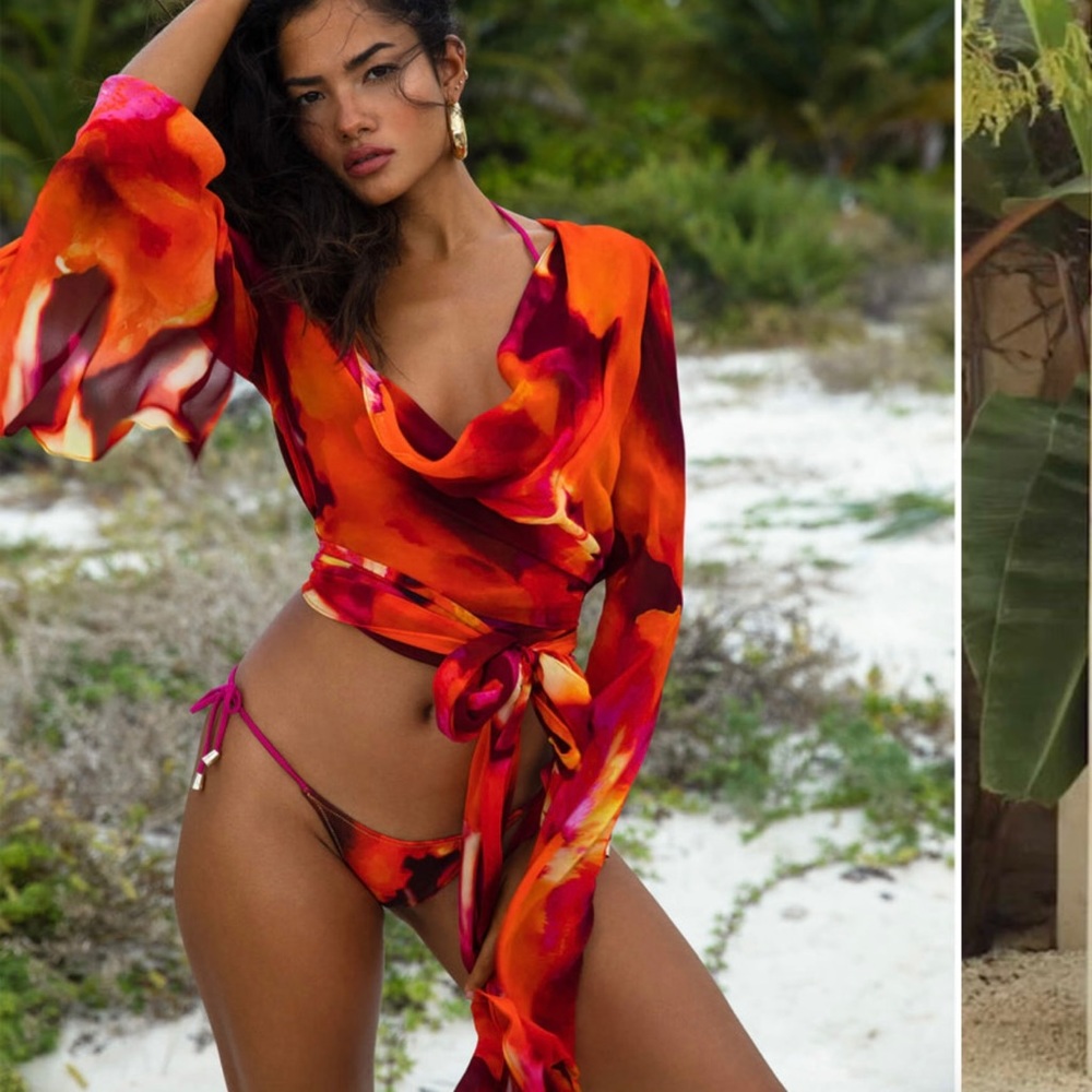 Rat & Boa Fantini Blouse Top Shirt Silk Medium Red Orange Fire Wrap Bikini - Picture 4 of 11